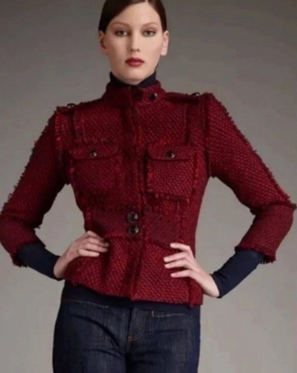 Tory Burch Kingston Tweed Military Jacket Red Navy Wool Blend Blazer Sz 4